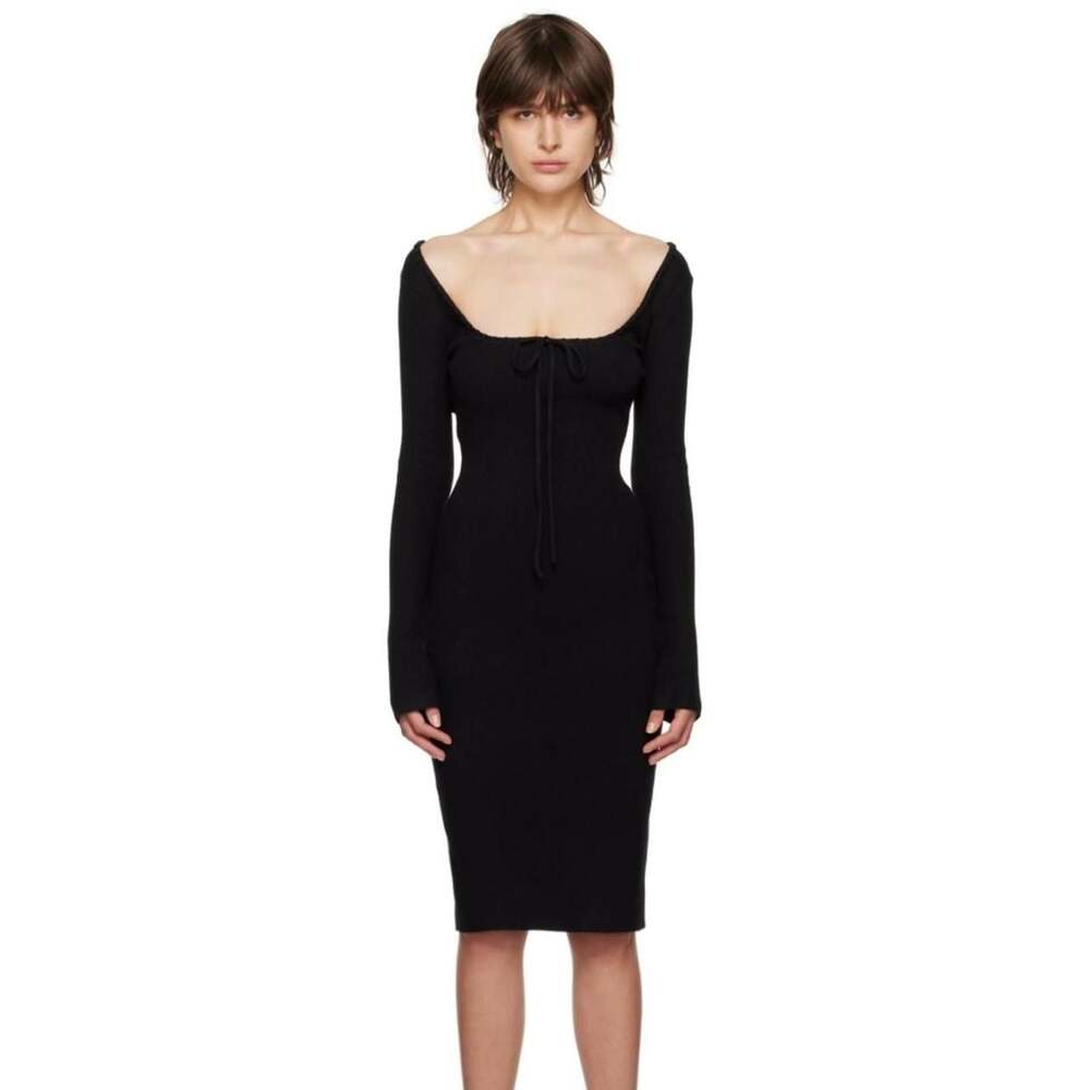 Guizio Black Ribbed Knit Midi Dress with Back Tie Details